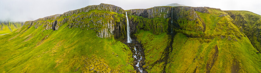Aerial shots of Grundarfoss Waterfall, on Snaefellness peninsula, Iceland