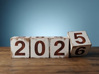 Rustic wooden blocks displaying the numbers two zero two five and two zero two six indicating the transition from one year to the next