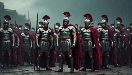 Naklejka premium Group of roman legionaries in armor standing. Soldiers wearing helmets, red capes ready for battle. Warriors in formation determined. Historical scene with men ready to defend. Military ancient