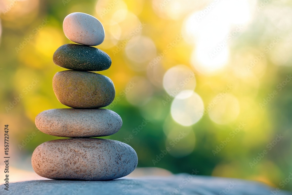 Poster balanced stack of five smooth stones with a soft blurry background in nature, stack of five balanced