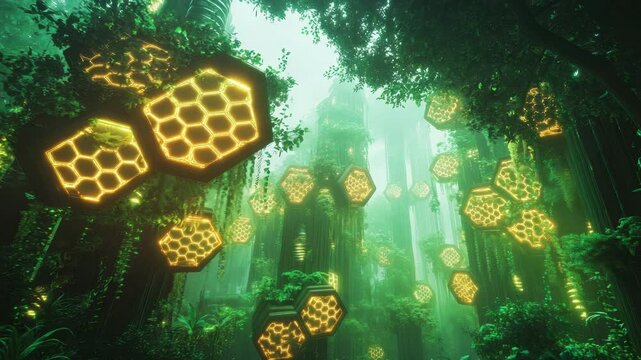 Glowing Golden Honeycombs in a Lush Green Pixel Forest