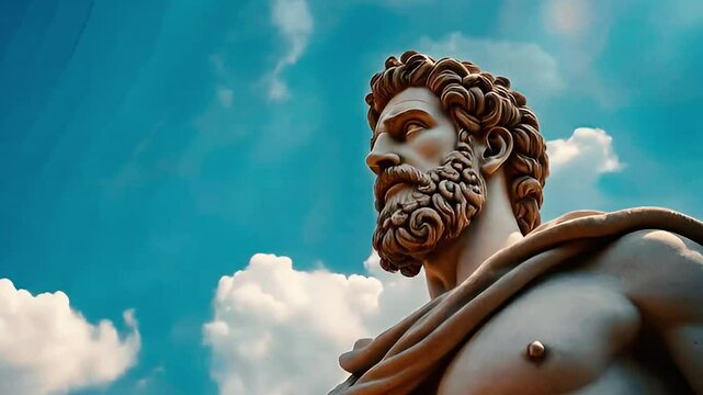 Marcus Aurelius statue, Greek Philosopher Statue stands proudly beneath a vibrant blue sky dotted with soft clouds, set in a timeless public square Marcus Aurelius statue