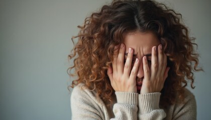 Woman covering face hands. Expresses fear sadness. Mental health concept, bullying abuse harassment. Emotional distress, stress, violence, self-protection. Trauma, support, compassion, empathy.