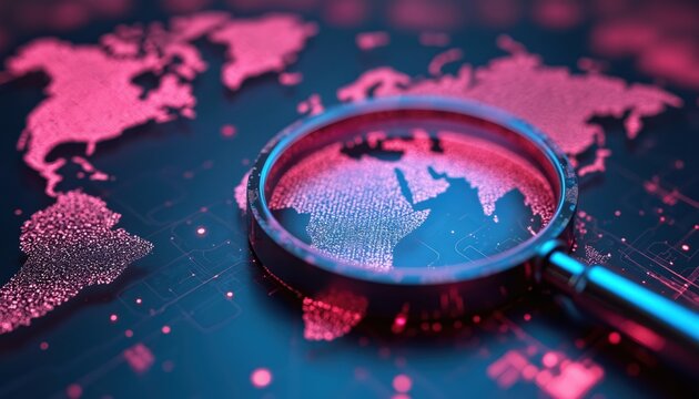 Magnifying glass explores global digital landscape, cybersecurity concept, data analysis. Worldwide network map, cyberspace research, information tech security, business, finance.