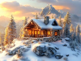 Cozy mountain cabin nestled in snowy peaks at sunrise