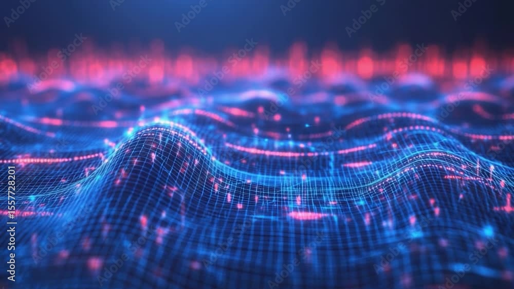 Aufkleber Digital Waveform Visualization: A stunning display of data visualization, featuring a dynamic, undulating waveform rendered in vibrant neon hues, representing the essence of technological advancement.