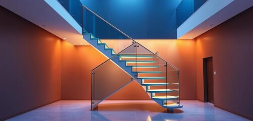 Sleek, minimalist floating staircase with glass and metal accents,  stylish,  staircase