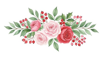 Watercolor floral bouquet with pink roses, red berries, and green leaves – hand-painted botanical illustration on white background.