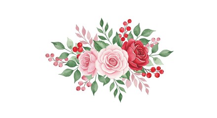 Watercolor floral bouquet with pink roses, red berries, and green leaves – hand-painted botanical illustration on white background.