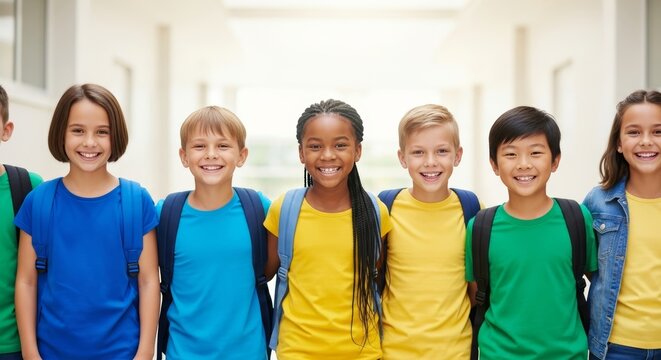 Happy Diverse Elementary School Children with Backpacks - Multicultural Students Smiling at School