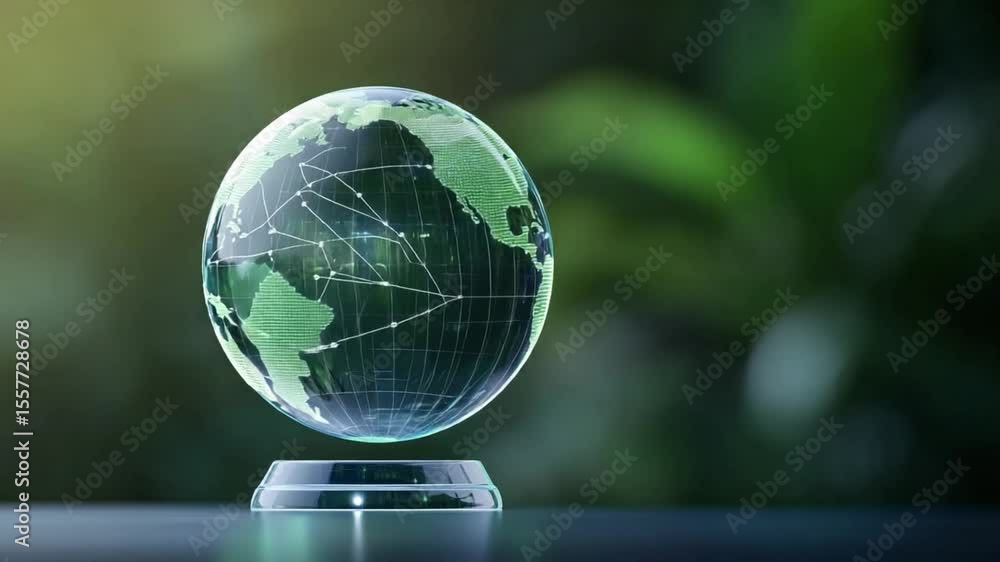 Poster Global connectivity concept: The world depicted as a transparent sphere, with lines of connection, floats gently above a pedestal, set against the background.