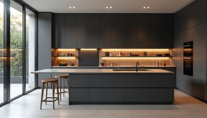 Modern kitchen design interior. Minimalist style, dark gray cabinets, wooden shelves with hidden lighting. Island countertop, stools. Open glass door with plants view. Home renovation trend.