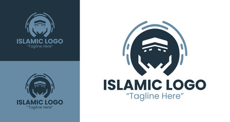 Modern Islamic Logo with Kaaba for Elegant Business Identity and Branding Solutions in Light Blue and Dark Blue

