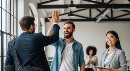 Obraz premium Business Team Celebrating Success with High Five in Modern Office - Teamwork and Achievement Moment