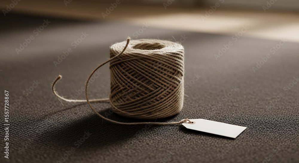 Poster roll of jute twine with blank tag on textured surface