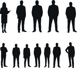 Silhouette collection of diverse people in various poses standing and in action on a white background