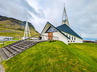 The Olafsvikurkirkja Lutheran church and bell tower in Olafsvik, Iceland