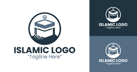 Professional Islamic Logo with Kaaba Design for Corporate Branding and Identity in Light Blue and Dark Blue
