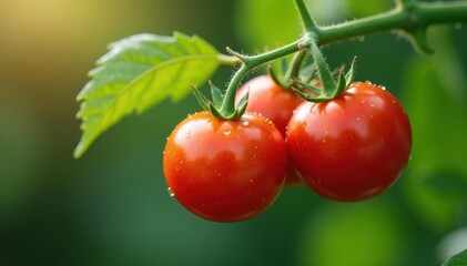 A cluster of organic tomatoes hangs from a single stem on a branch, glistening with dew , Nature, Summer fruits