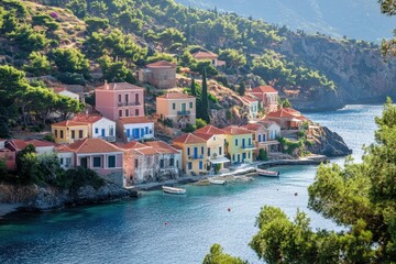 Obraz premium Picturesque Mediterranean sea island village with colorful houses and tranquil waters, Travel to Mediterranean sea islands Picturesque view of Assos village Greece