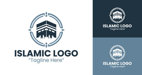 Fototapeta premium Minimalist Islamic Logo with Kaaba Inside Circle Frame for Elegant Corporate Identity in Light Blue and Dark Blue 