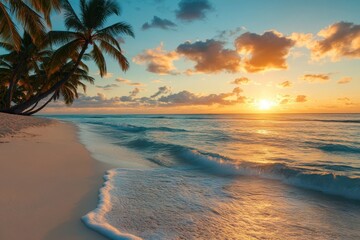 Serene tropical beach at sunset with palm trees and gentle ocean waves in a peaceful atmosphere, Serene tropical beach at sunset with palm trees and calm waves