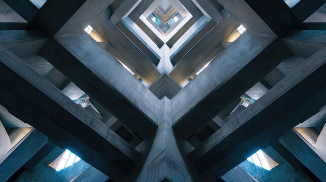 Symmetrical geometric elements overlapping in cool-toned lighting, conceptual architecture look