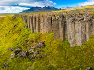 Areal view of Gerduberg basalt column cliffs, Snæfellsnes Peninsula, Iceland