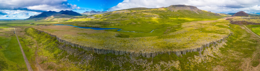 Areal view of Gerduberg basalt column cliffs, Snæfellsnes Peninsula, Iceland