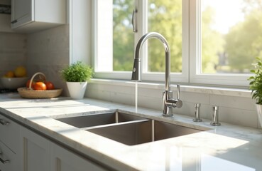 Modern kitchen interior with stainless steel sink and chrome faucet. White countertop, window with natural light. Fresh herbs, fruit basket add decor.