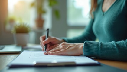 Woman hand signing consent form document at desk. Employment concept. Job interview, business contract, recruitment, human resources. Career concept, corporate lifestyle, work environment.