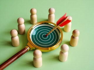 Wooden figures surround a magnifying glass with a dart hitting the bullseye of a target representing focused business strategy and customer targeting