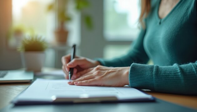 Woman hand signing consent form document at desk. Employment concept. Job interview, business contract, recruitment, human resources. Career concept, corporate lifestyle, work environment. - Powered by Adobe