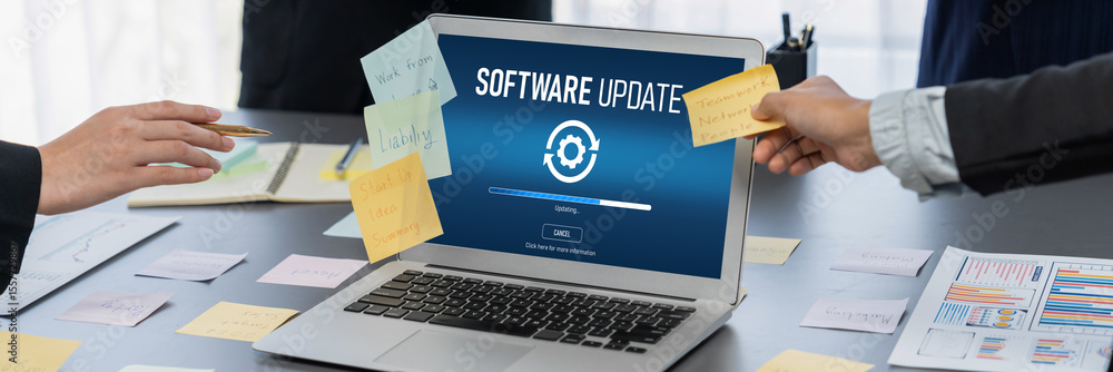 Poster software update on computer for brisk version of device software upgrade