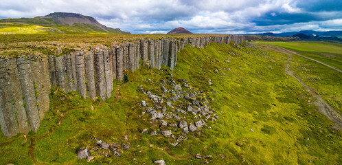 Areal view of Gerduberg basalt column cliffs, Snæfellsnes Peninsula, Iceland