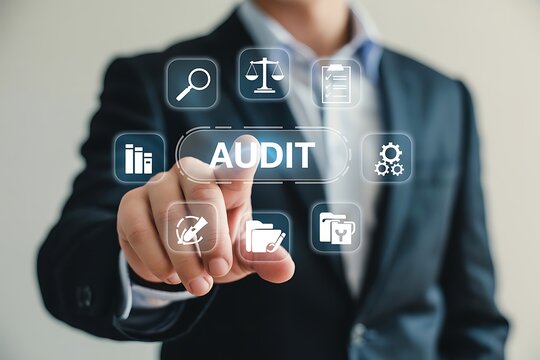 Businessman s finger touching the audit button on a futuristic digital interface surrounded by relevant icons representing analysis and compliance - Powered by Adobe