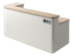 Reception desk with integrated power outlets and USB ports, enhancing functionality in a modern apartment office.