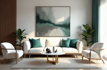 Modern living room interior design, with white sofa, armchairs, plants, coffee table, abstract painting. Interior light, airy. Natural sunlight, plants. Home decor, comfort, relaxation, luxury,