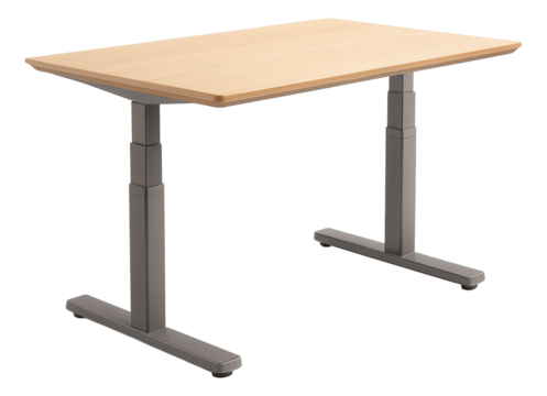 Ergonomic client reception desk with adjustable height feature, suitable for a home office in an urban apartment.