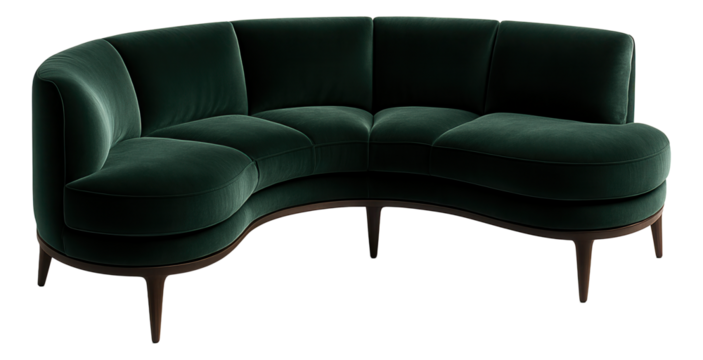 Curved modular sofa with velvet upholstery, adding luxury to a spacious penthouse living area.