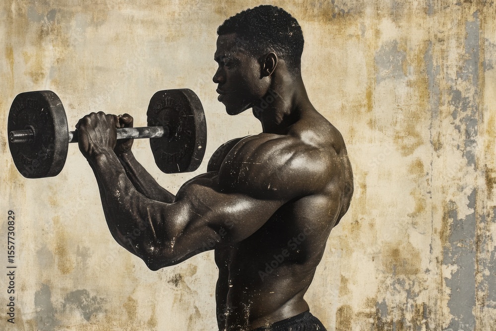 Poster man lifts weights showcasing strength in a gym setting during a training session, man lifting weight