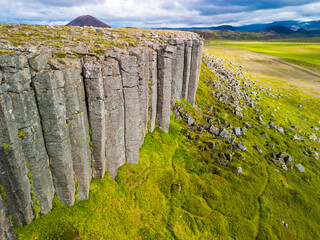 Areal view of Gerduberg basalt column cliffs, Snæfellsnes Peninsula, Iceland