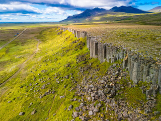 Areal view of Gerduberg basalt column cliffs, Snæfellsnes Peninsula, Iceland