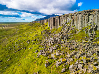 Areal view of Gerduberg basalt column cliffs, Snæfellsnes Peninsula, Iceland