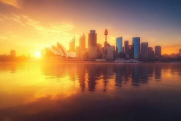 Obraz premium Sydney skyline illuminated by sunset over harbour waters reflecting vibrant colors, Sydney skyline at sunset Harbour water reflecting sunlight beautiful view