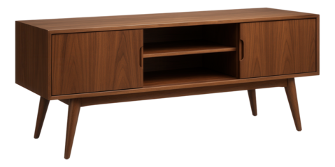 A mid-century modern TV console with splayed legs and walnut veneer, ideal for a retro-themed living area.