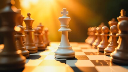 Chess King in Golden Sunlight, A close-up shot of a chessboard illuminated by warm sunlight. A white king stands prominently in the center.