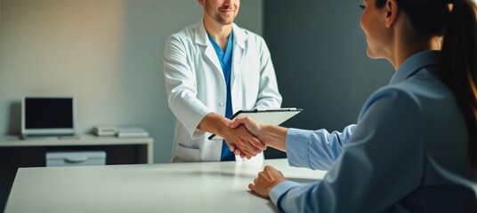 Doctor & Patient Consulting - Healthcare Professional Connection, A doctor in a white coat shakes hands with a patient while standing beside a table with a laptop. They both face each other.