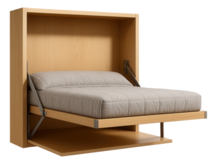 A Murphy bed with a fold-down mechanism, efficiently transforming a home office into a guest room.