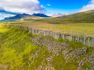 Areal view of Gerduberg basalt column cliffs, Snæfellsnes Peninsula, Iceland